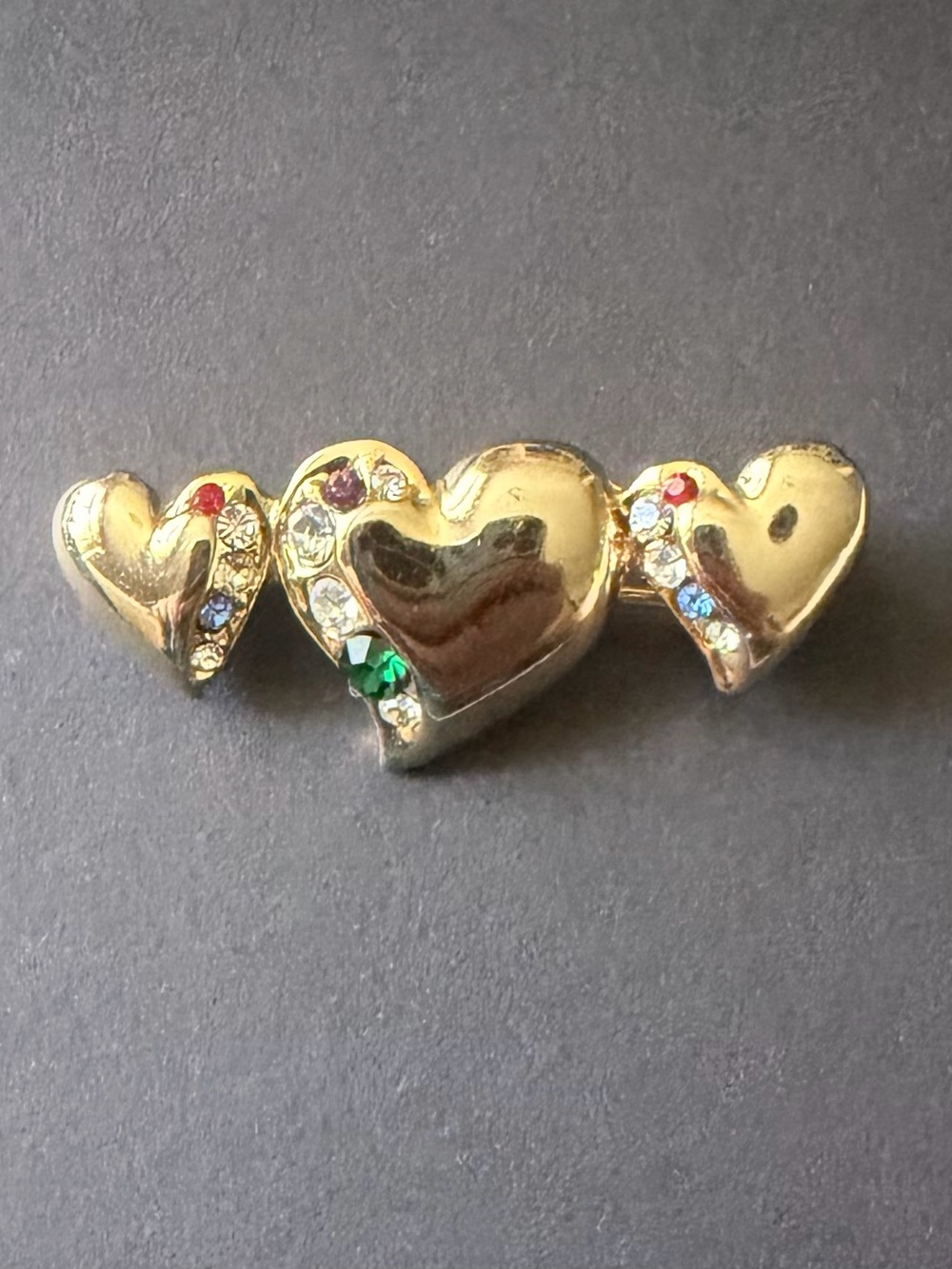 Vintage Gold-Tone Triple Heart Brooch with Multicolor Stones